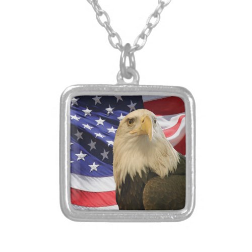 American Bald Eagle and Flag Silver Plated Necklace