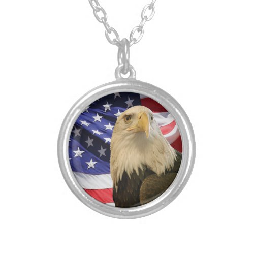 American Bald Eagle and Flag Silver Plated Necklace