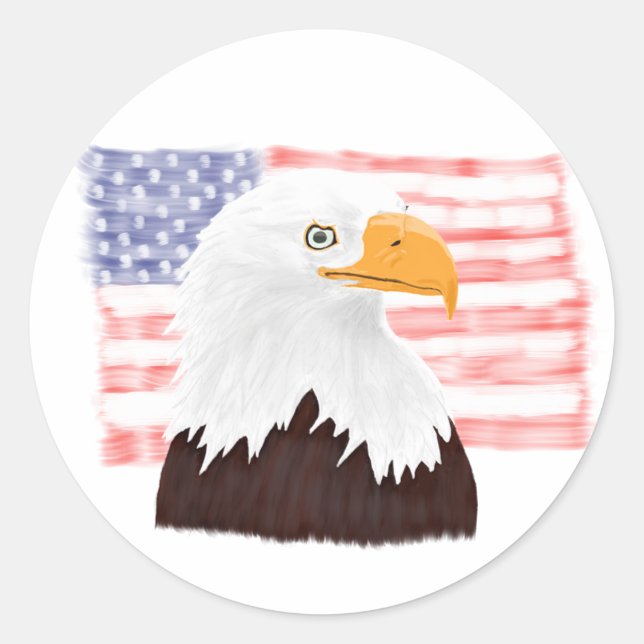 American Bald Eagle and Flag - transparent white.  Classic Round Sticker (Front)