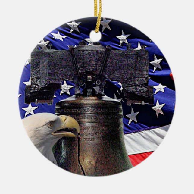 American Bald Eagle, Bell and Flag Ceramic Ornament (Front)