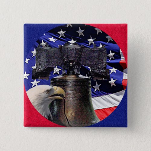 American Bald Eagle Bell and Flag Pinback Button