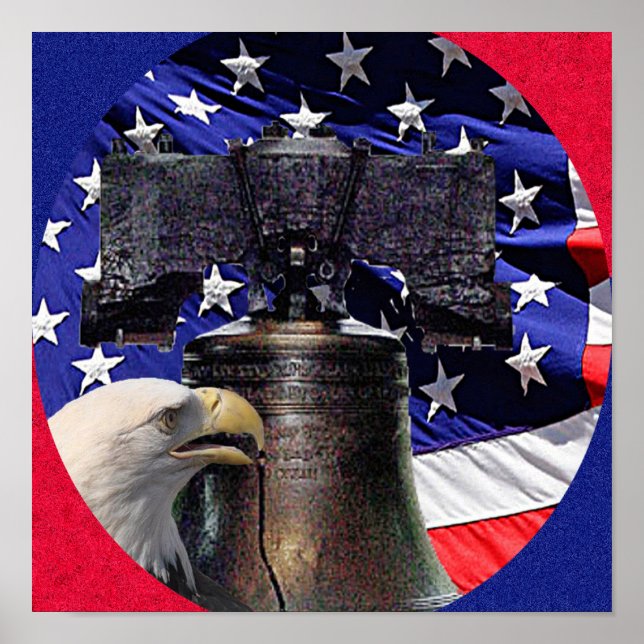 American Bald Eagle, Bell and Flag Poster (Front)