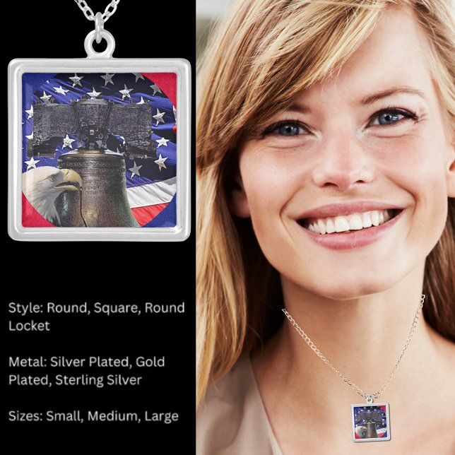 American Bald Eagle, Bell and Flag Square Silver Plated Necklace (American Bald Eagle, Bell and Flag Square Silver Plated Necklace)