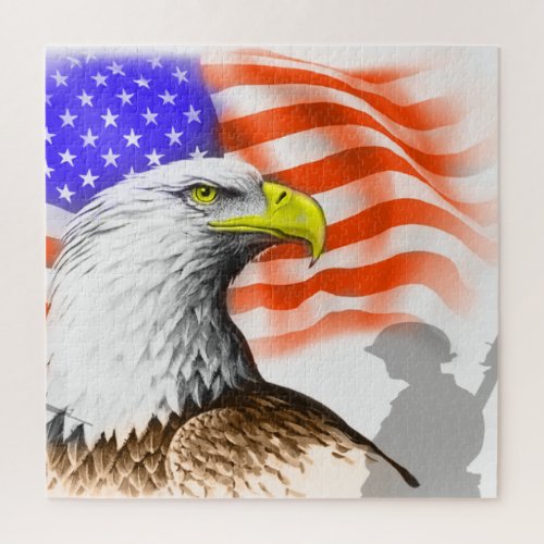 American Bald Eagle Flag and soldier silhouette Jigsaw Puzzle