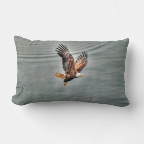 American Bald Eagle Flying Over Ocean Lumbar Pillow