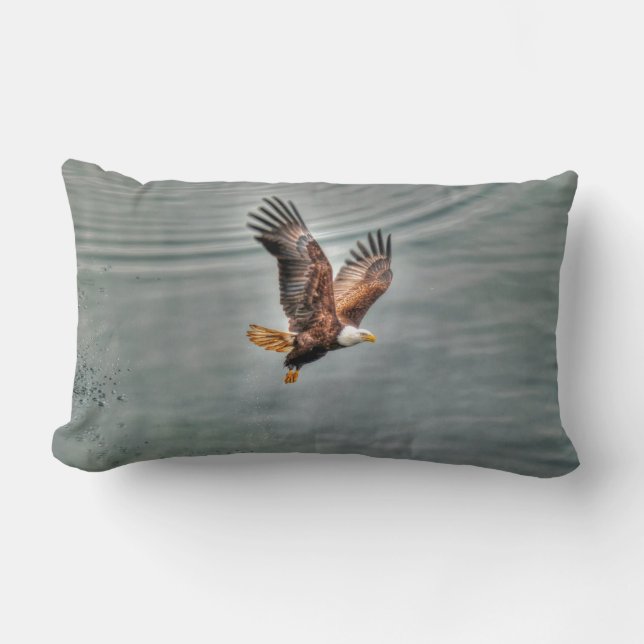 American Bald Eagle Flying Over Ocean Lumbar Pillow (Front)