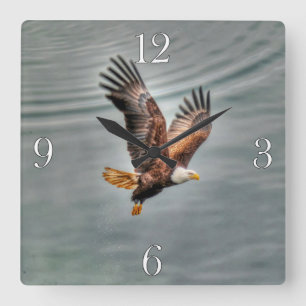 American Bald Eagle Flying Over Ocean Square Wall Clock