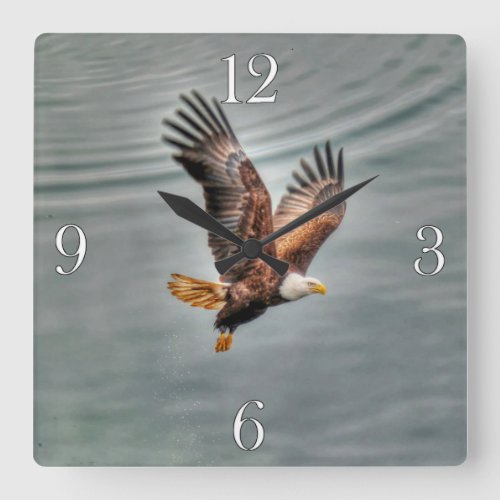 American Bald Eagle Flying Over Ocean Square Wall Clock