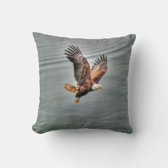 American Bald Eagle Flying Over Ocean Throw Pillow (Front)