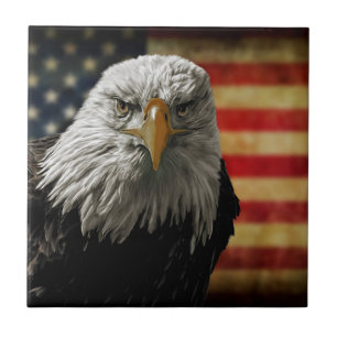 American Bald Eagle on Grunge Flag Ceramic Tile