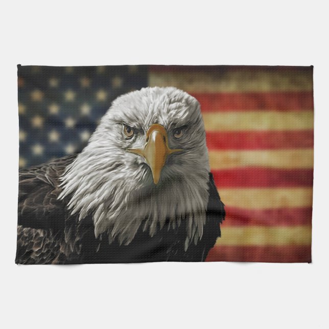 American Bald Eagle on Grunge Flag Kitchen Towel (Horizontal)