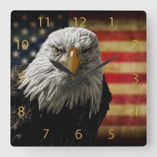 American Bald Eagle on Grunge Flag Square Wall Clock