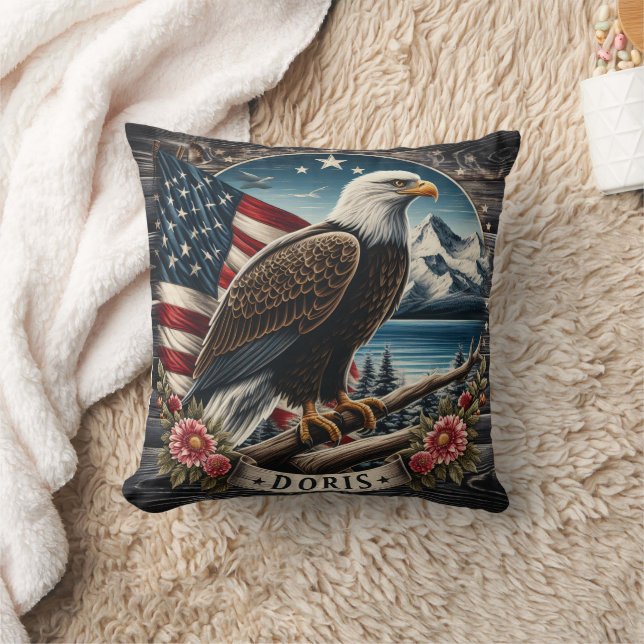 American Bald Eagle Perched by Mountain Lake Throw Pillow (Blanket)