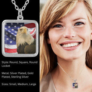 American Bald Eagle Photo and Flag Square Silver Plated Necklace
