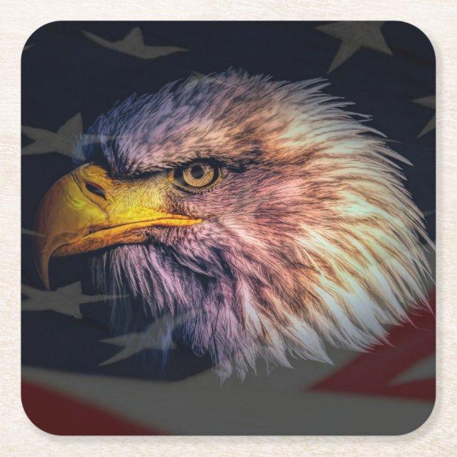 American Bald Eagle With Flag Square Paper Coaster (Front)