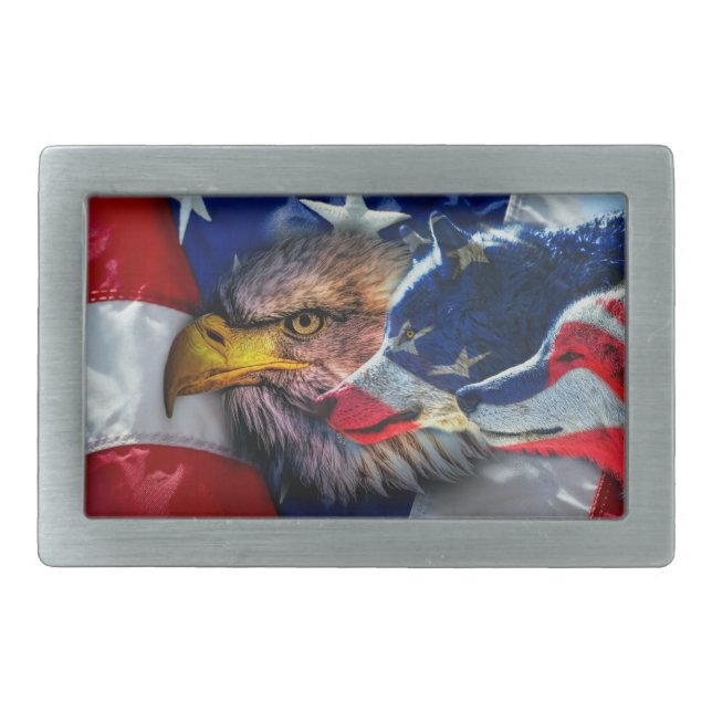 American Bald Eagle Wolf Flag Patriotic Belt Buckle (Front)