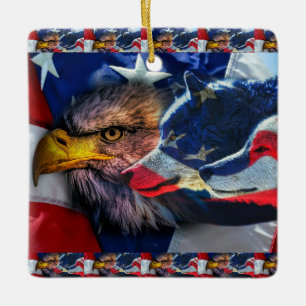 American Bald Eagle Wolf Flag Patriotic Ceramic Ornament
