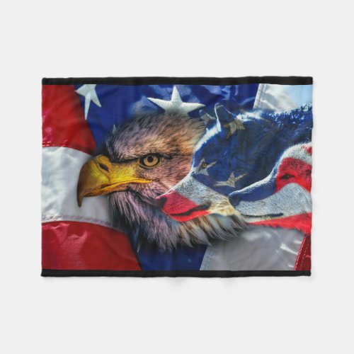 American Bald Eagle Wolf Flag Patriotic Fleece Blanket