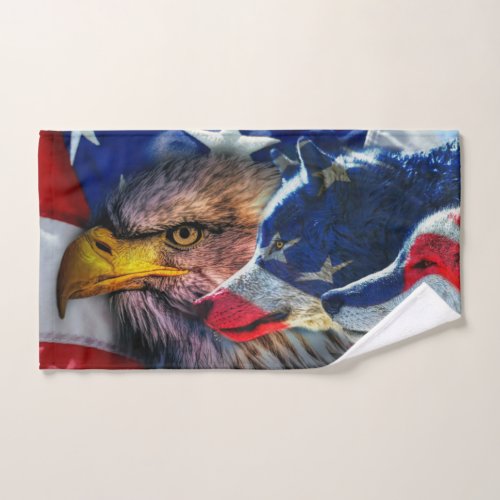 American Bald Eagle Wolf Flag Patriotic Hand Towel