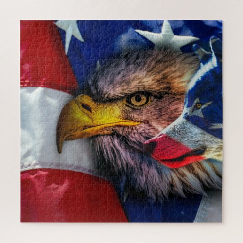 American Bald Eagle Wolf Flag Patriotic Jigsaw Puzzle
