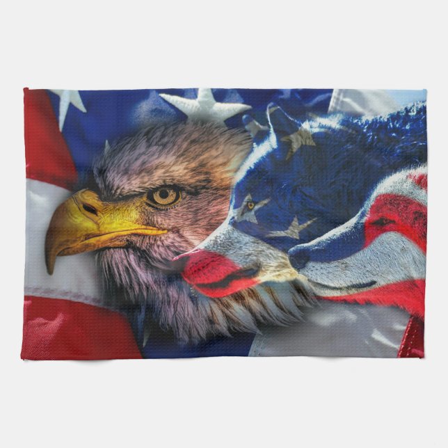 American Bald Eagle Wolf Flag Patriotic Kitchen Towel (Horizontal)
