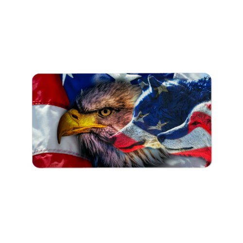 American Bald Eagle Wolf Flag Patriotic Label