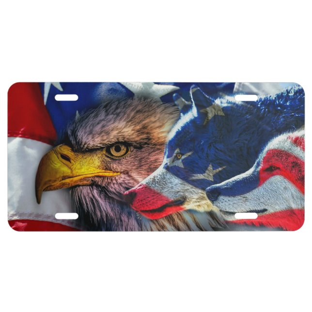 American Bald Eagle Wolf Flag Patriotic License Plate (Front)