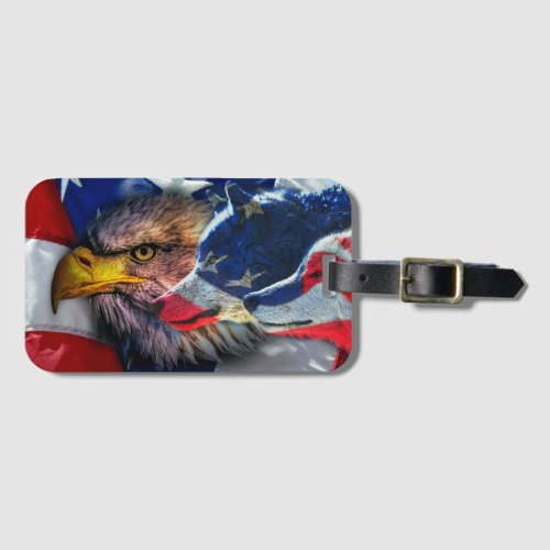 American Bald Eagle Wolf Flag Patriotic Luggage Tag