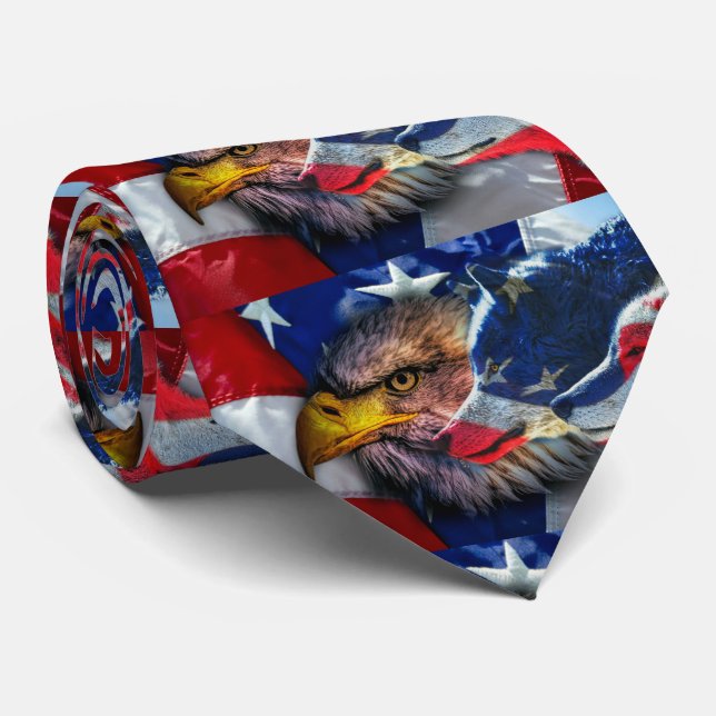 American Bald Eagle Wolf Flag Patriotic Neck Tie (Rolled)