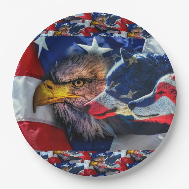American Bald Eagle Wolf Flag Patriotic Paper Plates (Front)
