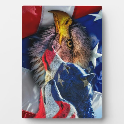 American Bald Eagle Wolf Flag Patriotic Plaque