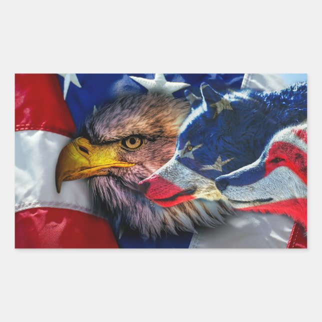 American Bald Eagle Wolf Flag Patriotic Rectangular Sticker (Front)