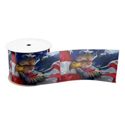 American Bald Eagle Wolf Flag Patriotic Satin Ribbon