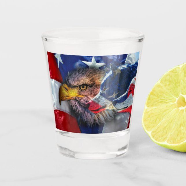 American Bald Eagle Wolf Flag Patriotic Shot Glass (Front)