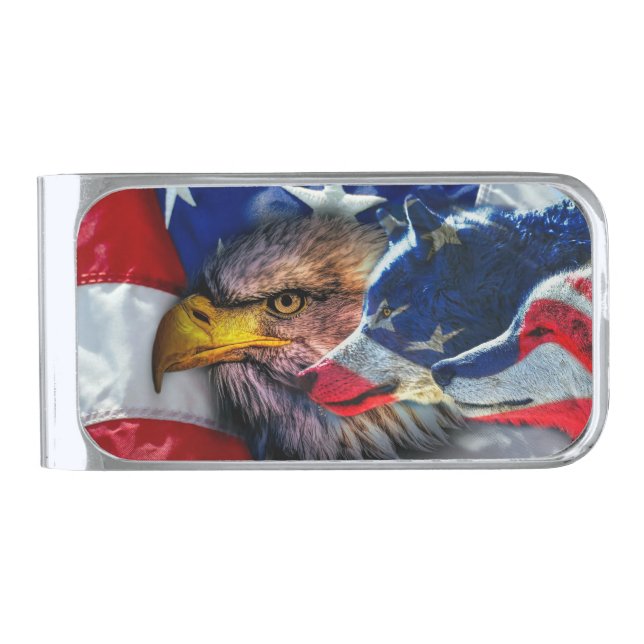 American Bald Eagle Wolf Flag Patriotic Silver Finish Money Clip (Front)
