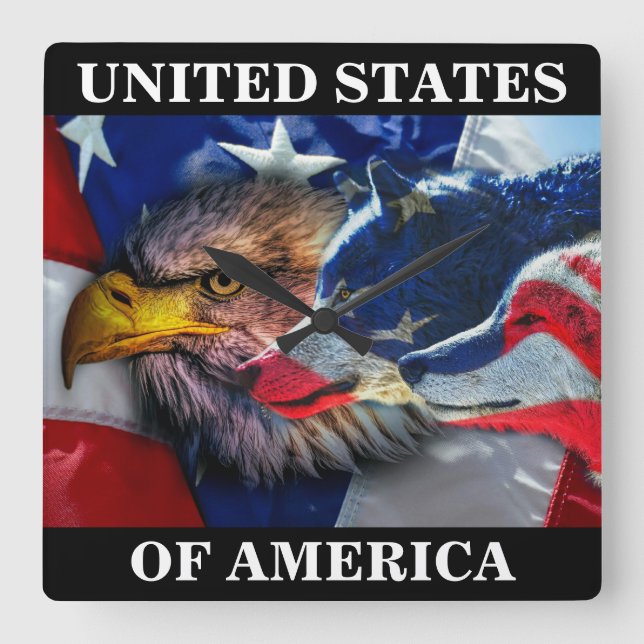 American Bald Eagle Wolf Flag Patriotic Square Wall Clock (Front)