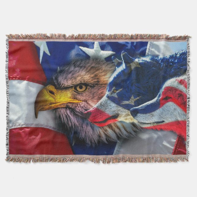 American Bald Eagle Wolf Flag Patriotic Throw Blanket (Front)
