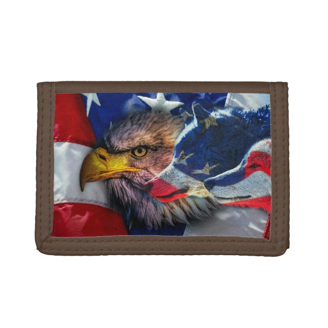 American Bald Eagle Wolf Flag Patriotic Trifold Wallet (Front)