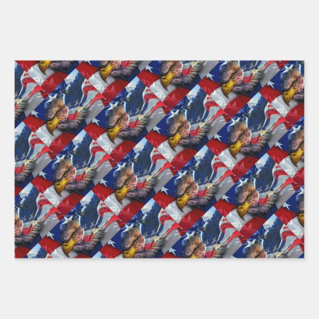 American Bald Eagle Wolf Flag Patriotic Wrapping Paper Sheets (Front)