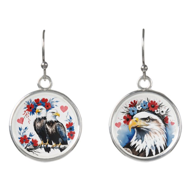 American Bald Eagles with Red White Blue Flowers  Earrings (Front)
