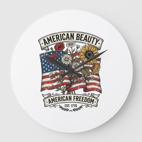 American Beauty Floral Flag Patriotic Large Clock