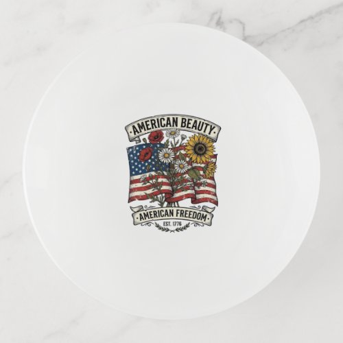 American Beauty Floral Flag Patriotic Trinket Tray