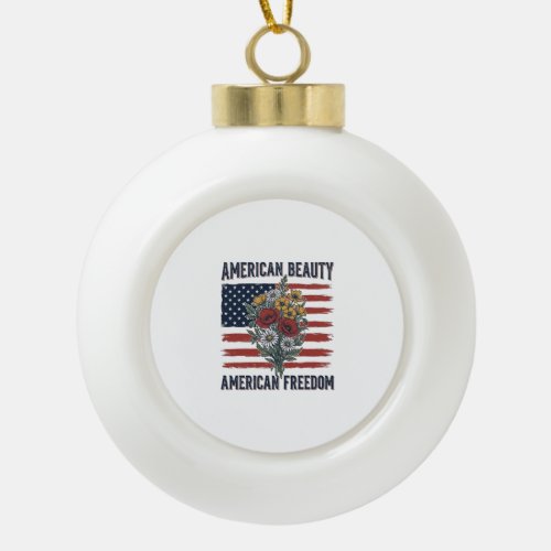 American Beauty Freedom Floral Flag Ceramic Ball Christmas Ornament