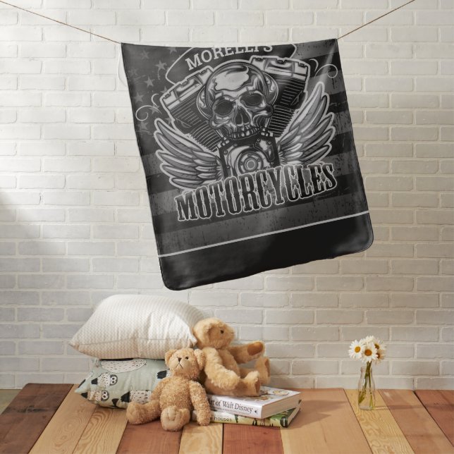 American Biker ADD NAME Skull V-Twin Motorcycles Baby Blanket (In Situ)
