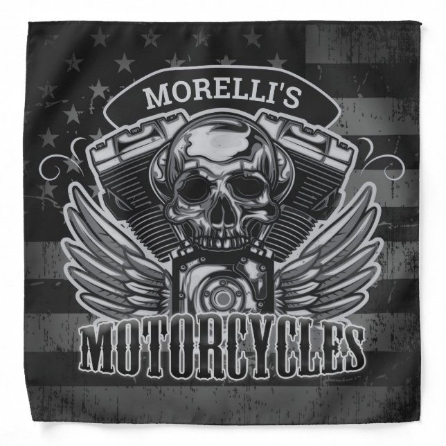 American Biker ADD NAME Skull V-Twin Motorcycles Bandana (Front)