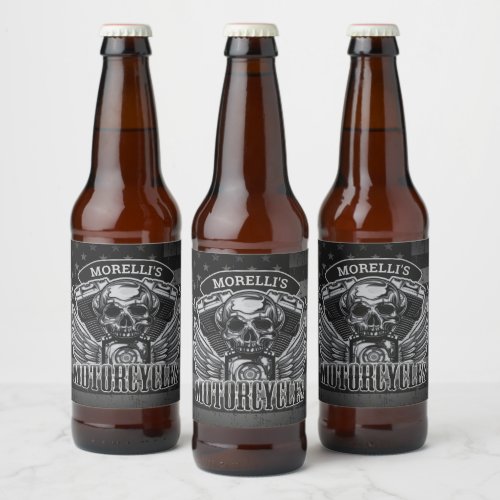 American Biker ADD NAME Skull V_Twin Motorcycles Beer Bottle Label