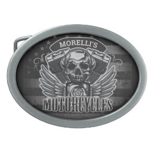 American Biker ADD NAME Skull V-Twin Motorcycles Belt Buckle