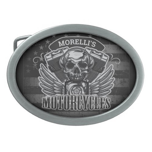 American Biker ADD NAME Skull V_Twin Motorcycles Belt Buckle