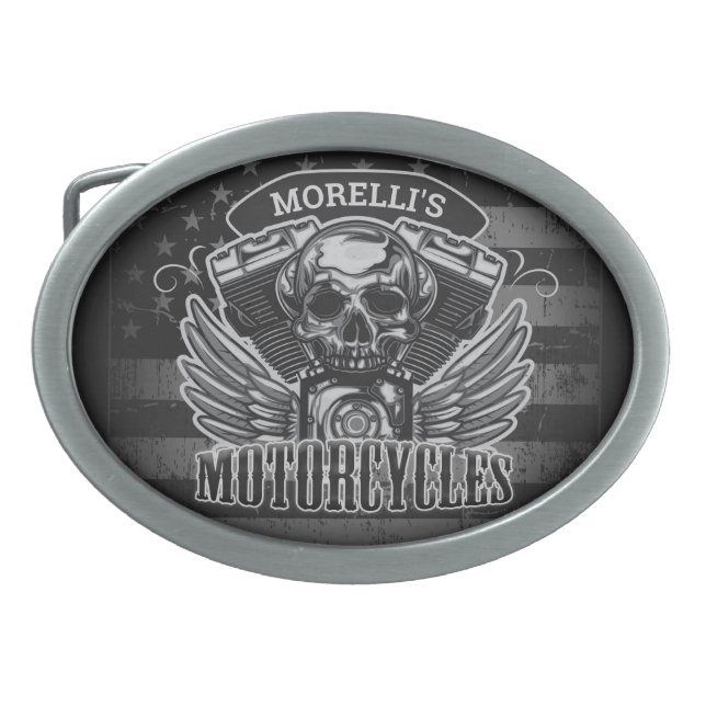American Biker ADD NAME Skull V-Twin Motorcycles Belt Buckle (Front)