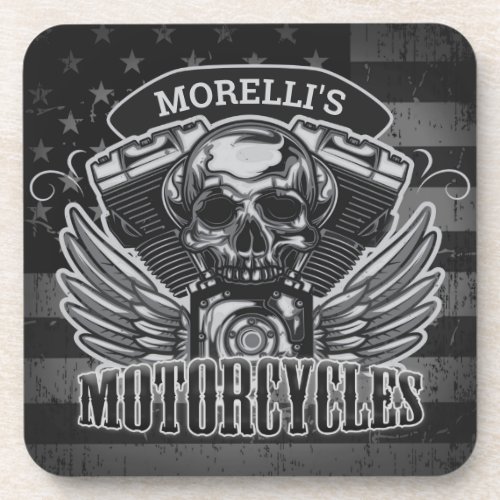 American Biker ADD NAME Skull V_Twin Motorcycles Beverage Coaster